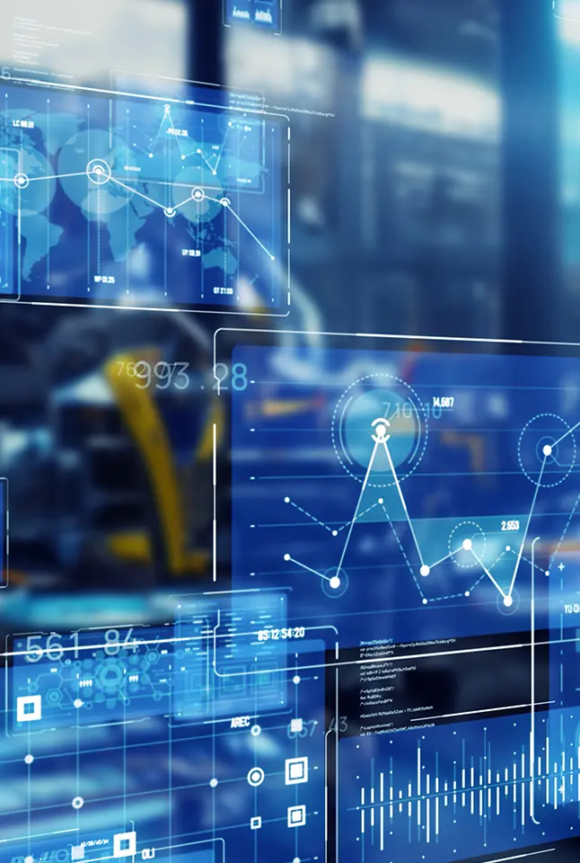 Digital interface panels displaying analytics and charts.