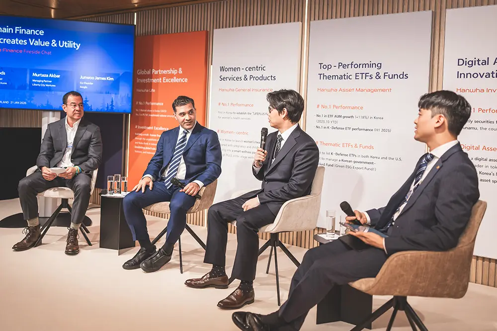 Speakers participate in the Hanwha Fireside Chat at Davos
