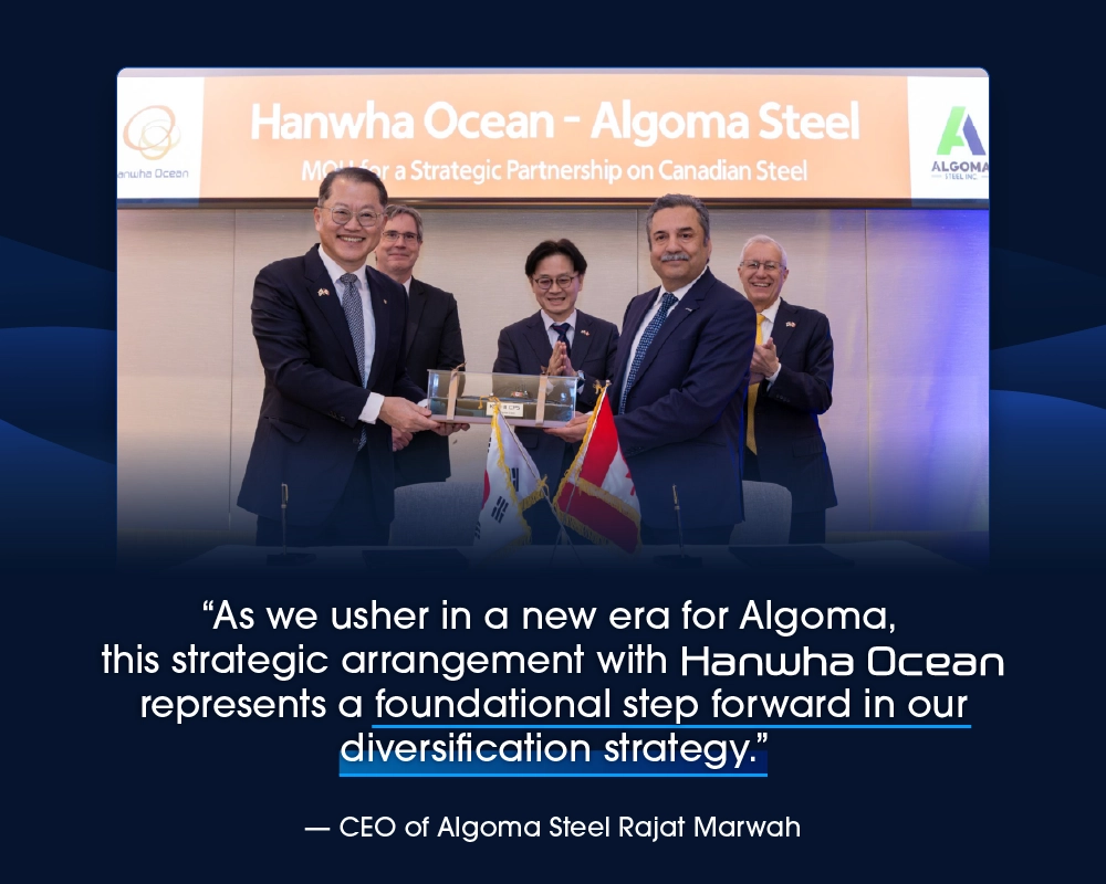 Officials from Hanwha Ocean and Algoma Steel pose for a commemorative photo.