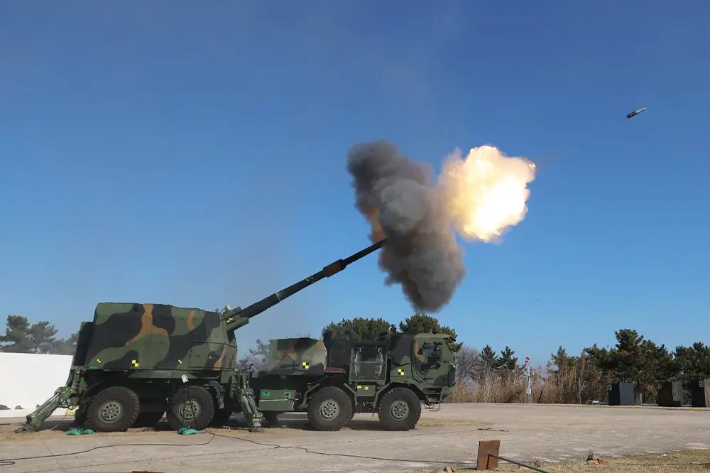 Hanwha Aerospace K9 Mobile Howitzer fires during a live-fire demonstration.