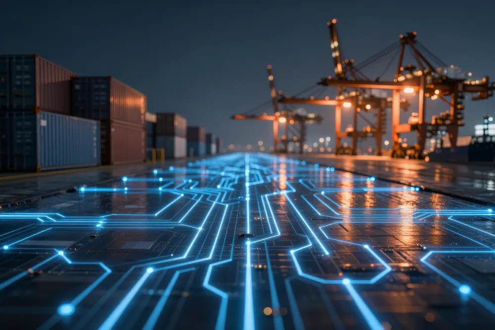 Digital circuit network overlays a container port with cargo cranes and stacked shipping containers.&nbsp; 