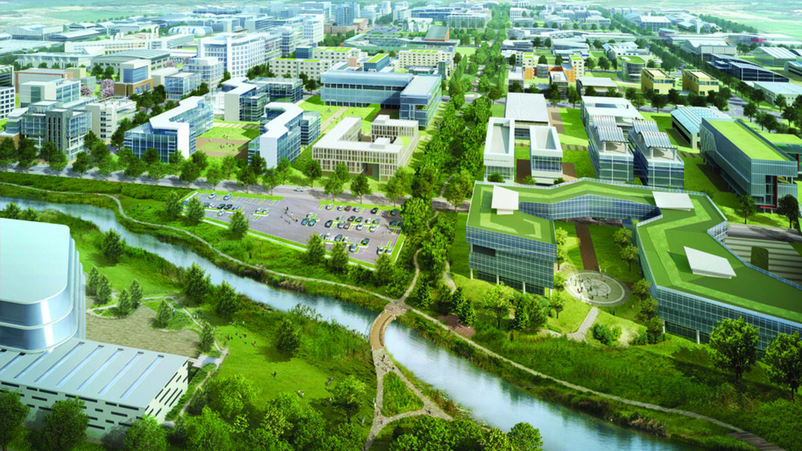 The Suwon Convention Center near Seoul, Korea, with water and trees in the background