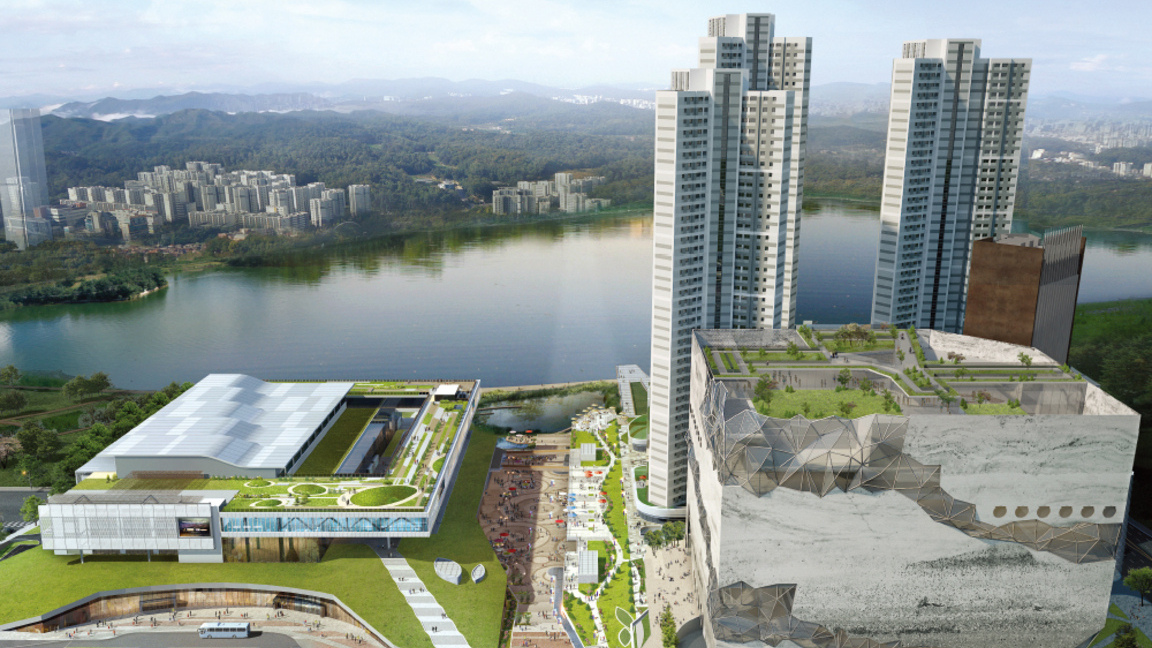 The Suwon Convention Center near Seoul, Korea, with water and trees in the background