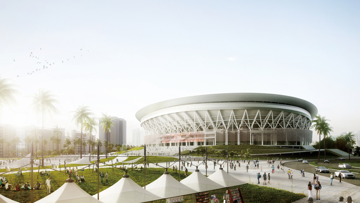 The Philippine Arena in Bulacan, the Philippines, seen from a distance on a sunny day