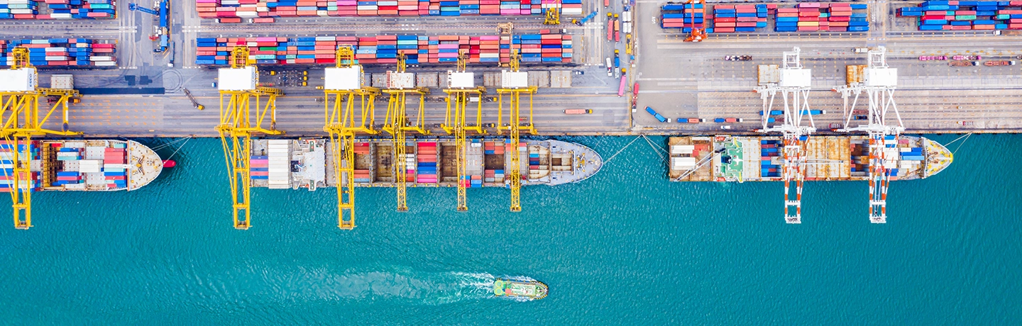 Bird’s eye view of commercial vessels docked at a port 