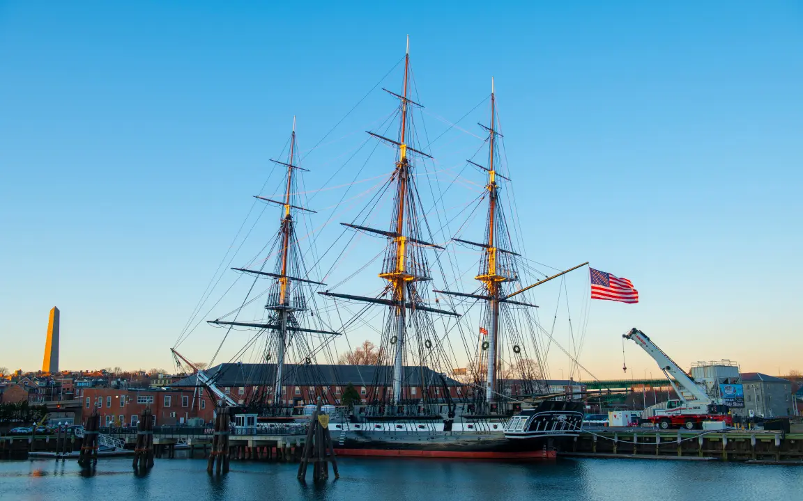 USS Constitution, the world’s oldest commissioned warship afloat, docked at Charlestown Navy Yard in Boston. 