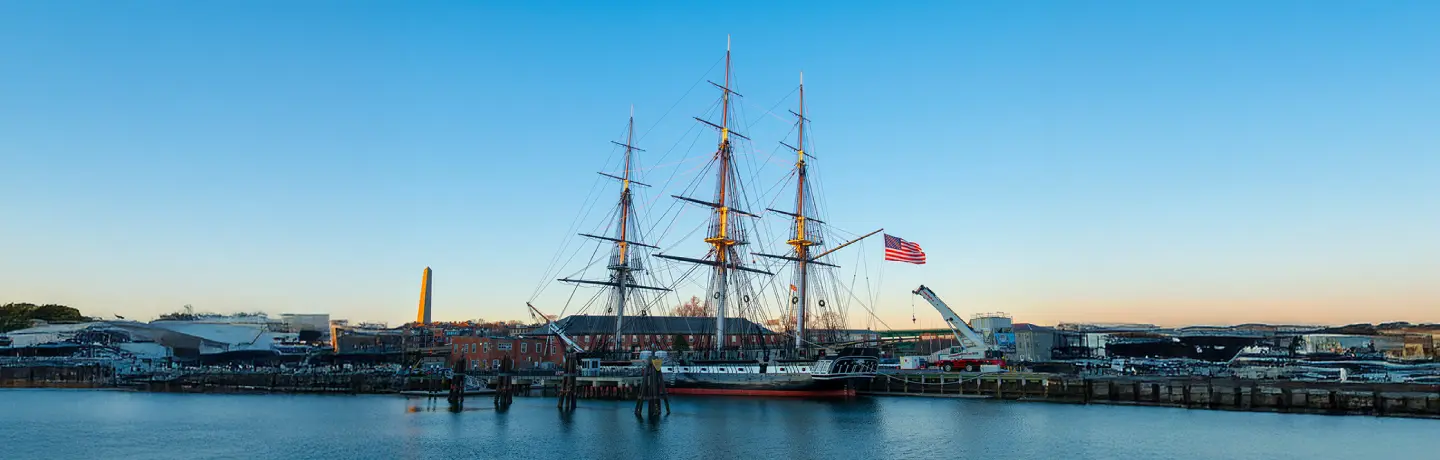 USS Constitution, the world’s oldest commissioned warship afloat, docked at Charlestown Navy Yard in Boston. 