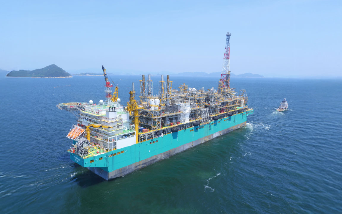 Aerial view of Hanwha’s world-first floating liquefied natural gas facility operating offshore.