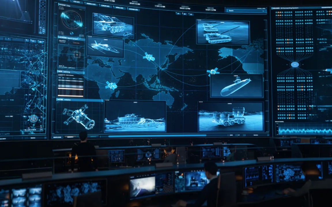 Defense operations center displaying global military systems and industrial capabilities