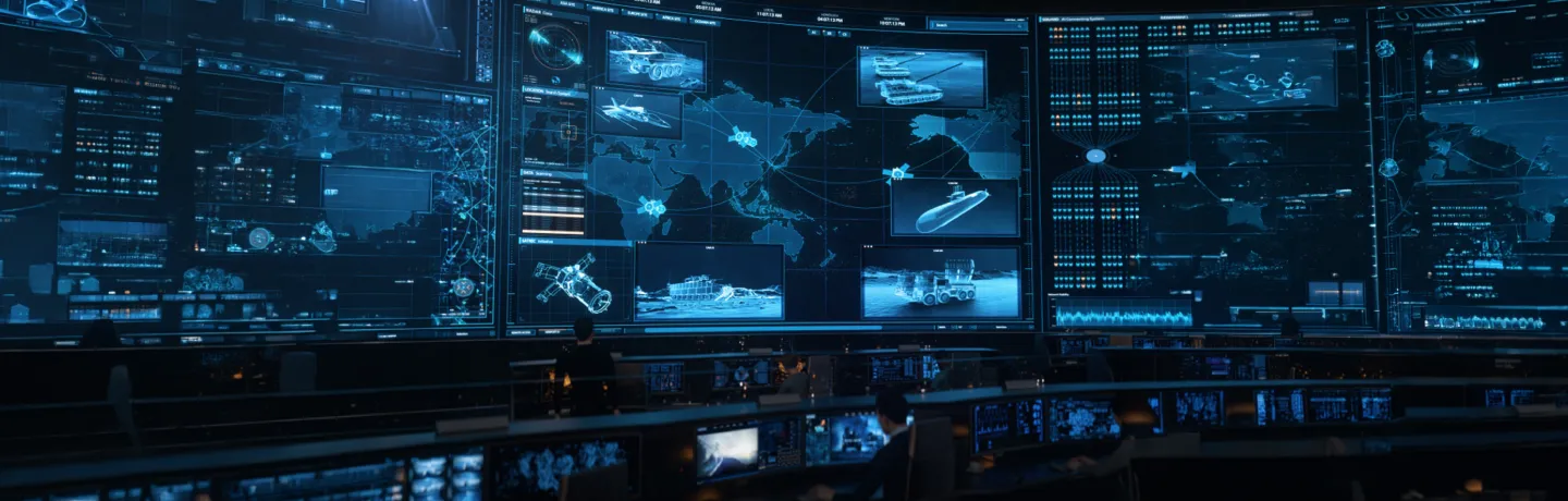 Defense operations center displaying global military systems and industrial capabilities