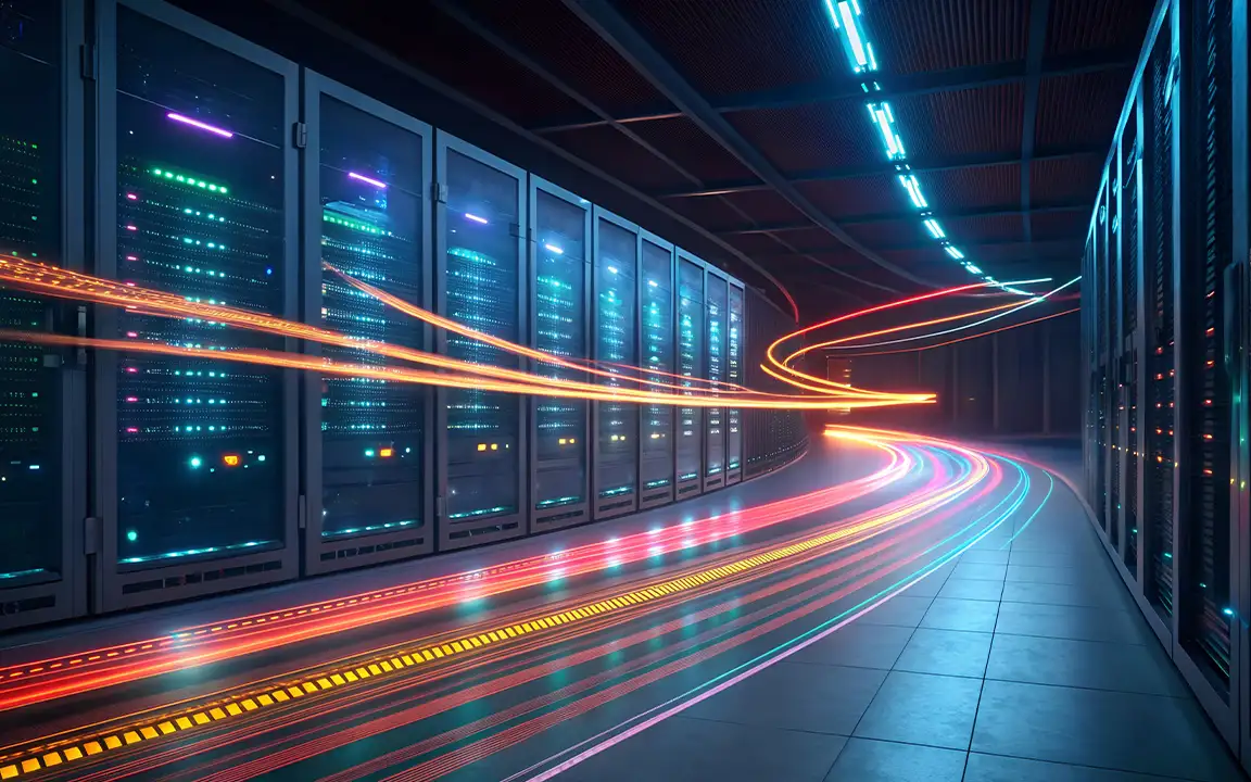 Rows of server racks inside a data center, illuminated by red lighting