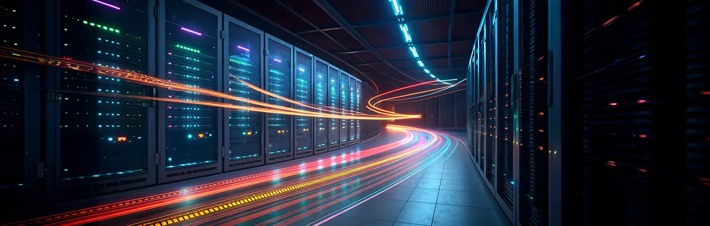 Rows of server racks inside a data center, illuminated by red lighting
